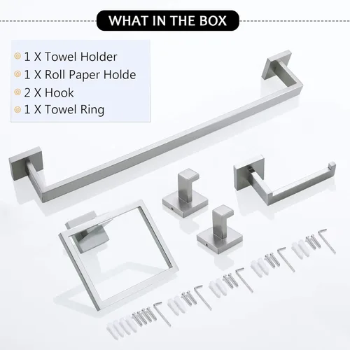 Miniatura 7 de Juego de toallas de baño de 5 piezas de níquel cepillado cuadrado moderno juego de accesorios de baño de acero inoxidable montado en la pared