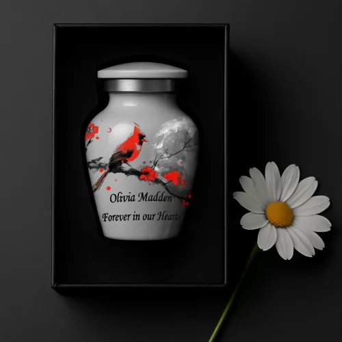 Miniatura 4 de Mini urna gris para cenizas, diseño cardenal y flor, pequeño recuerdo de cremación personalizado, hecho a mano en Estados Unidos, incluye bolsa