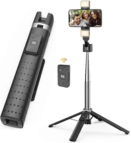 Miniatura 5 de Trípode Cuadrápode para Palo de Selfie de 41" con 2 Luces de Relleno Recargables, Trípode Extensible con Control Remoto Bluetooth, Acero Inoxidable