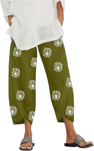 Miniatura 6 de Pantalones Capri de Lino de Algodón para Mujer 2025, Pantalones Palazzo Recortados Casuales con Estampado, Cintura Elástica, Pantalones Holgados