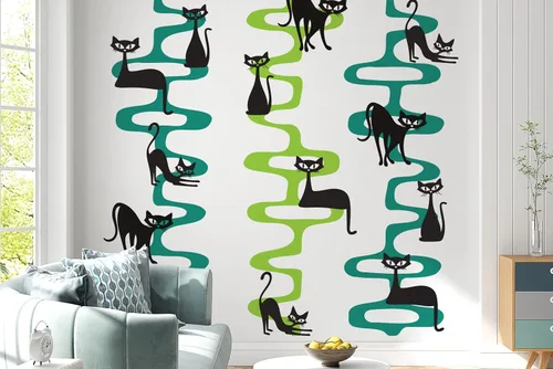 Miniatura 6 de Revive tus paredes con un gato retro de mediados de siglo en cadenas, perfecto para amantes de la vendimia, calcomanía de pared de arte moderno