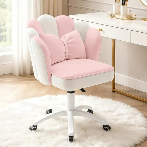 Silla de tocador con ruedas Silla de escritorio de terciopelo con pétalos Silla de oficina en casa tapizada y copetada para mujeres y niñas, silla