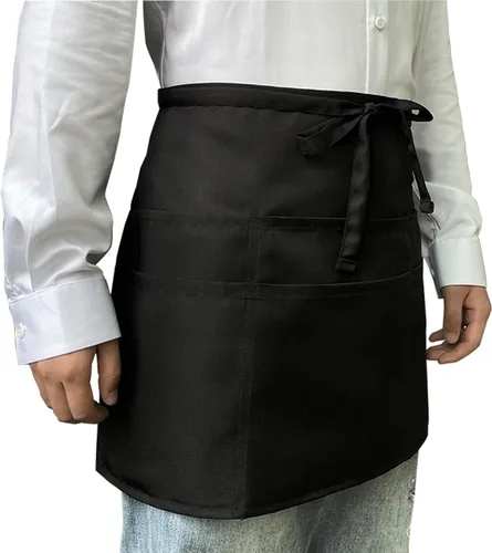 Miniatura 8 de Delantales de servidor negros con 6 bolsillos, delantal de cintura para camarero unisex, peluquero y limpiador