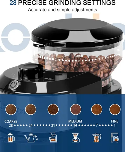Miniatura 7 de Lonkion Molinillo de café eléctrico de rebabas - Molinillo de rebabas ajustable con 28 ajustes precisos de molienda para 12 tazas - Molinillo