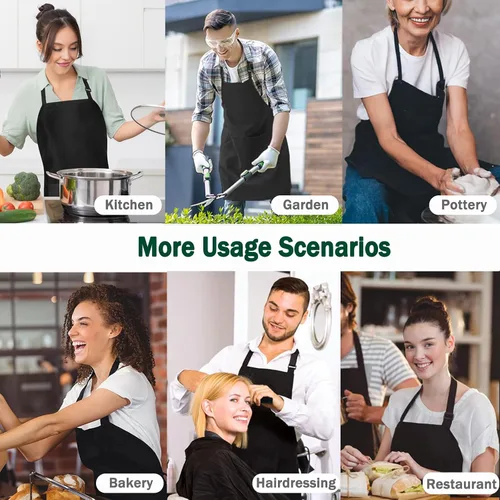Miniatura 7 de Paquete de 4 delantales negros impermeables, delantales ajustables con 2 bolsillos para hombres y mujeres, delantal de trabajo profesional