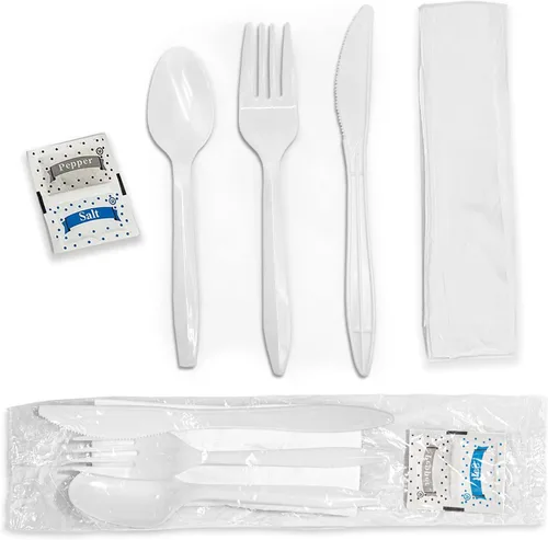 Juego de cubiertos de plástico envueltos individualmente con servilleta + paquetes de sal y pimienta en blanco (250 unidades) bolsas de cubiertos