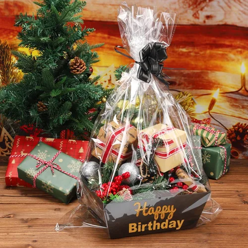 Miniatura 6 de MADHOLLY Juego de 6 cestas vacías para regalos, resistente juego de cesta de regalo de papel kraft con lazos de celofán para hombres, día del padre