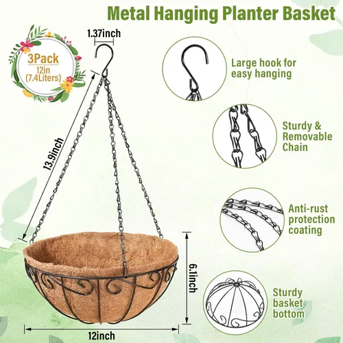 Miniatura 2 de Legigo Paquete de 3 cestas colgantes de metal de 12 pulgadas para plantas al aire libre, macetas colgantes redondas de alambre con forro de fibra