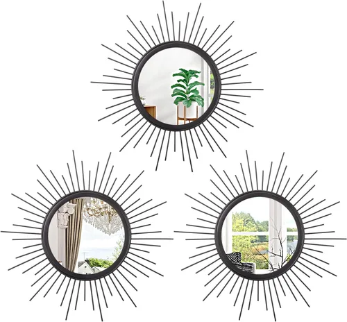 Miniatura 17 de Espejo de pared Sunburst negro con pequeños radios, espejo bohemio para el hogar, redondo, moderno, arte de pared de metal para sala de estar