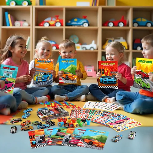 Miniatura 6 de BenLouis 84 piezas de recuerdos de fiesta con tema de carreras, libros para colorear, crayolas, stickers, set a granel para niños, ruedas