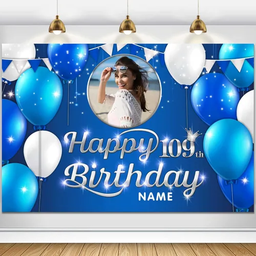Miniatura 17 de Cartel decorativo personalizado de feliz cumpleaños número 100 – Cartel personalizado de fiesta de cumpleaños azul marino en tamaños grandes, fotos