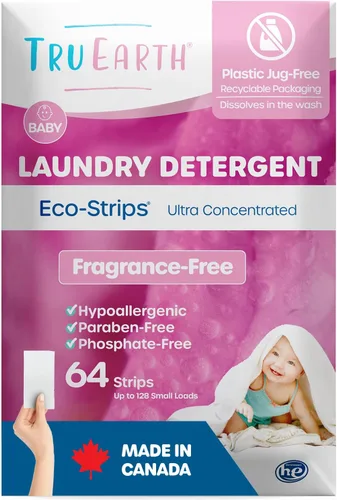 Tru Earth Láminas/tiras de detergente hipoalergénico para ropa de bebé para piel sensible, 64 unidades, hasta 128 cargas: detergente para bebés sin