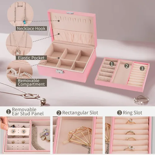 Miniatura 4 de Smileshe Joyero para mujeres y niñas, organizador de piel sintética con cerradura, 2 capas extraíbles de almacenamiento de viaje para anillos