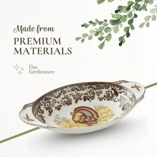 Miniatura 4 de Spode Woodland Bandeja de pan de pavo, plato de porcelana fina, borde floral con motivo de vida silvestre, horno a mesa, redonda de 15.27 x 7