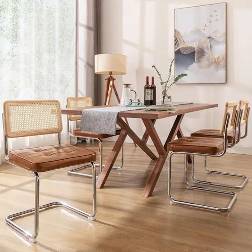 Miniatura 14 de ONEVOG Sillas de comedor de ratán con respaldo de caña y patas de metal, silla cómoda tapizada para patio, dormitorio, cocina, sala de estar, ocio