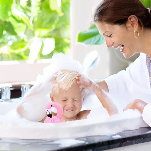 Miniatura 8 de Beaupretty Bolas de baño de flamenco para niños, paquete de 3 esponjas de baño de dibujos animados, esponjas suaves para la ducha, masaje de piel