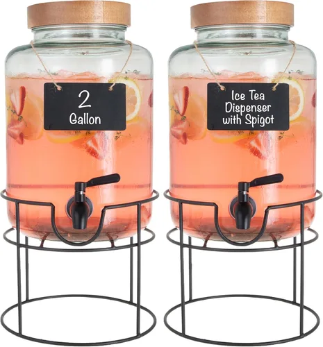 Miniatura 8 de Ilyapa Dispensador de bebidas de vidrio para fiestas - paquete de 3, dispensador triple de bebidas múltiples de 1 galón con soporte, tapas de madera