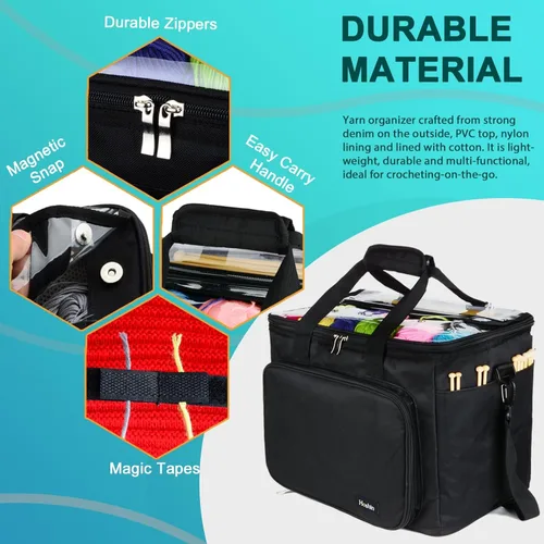 Miniatura 4 de Hoshin Bolsa de tejer para almacenamiento de hilos, organizador de bolsas de hilo de alta capacidad con divisor interior, portátil para llevar