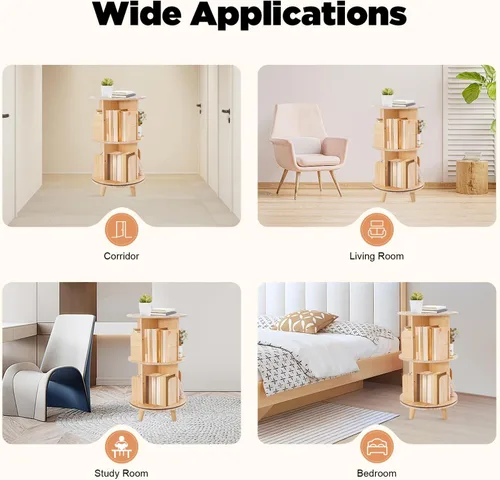 Miniatura 9 de Estantería giratoria, estantería esquinera independiente de 360 grados para espacios pequeños, estante de almacenamiento de madera maciza, 2-Tier