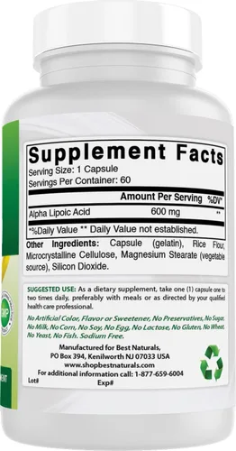 Miniatura 6 de Best Naturals Ácido alfa lipoico 600 mg 60 cápsulas – ALA Potente antioxidante (60 unidades (paquete de 1))