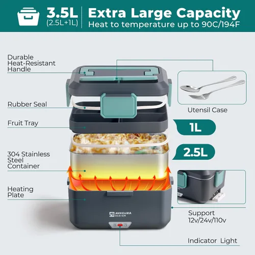Miniatura 4 de Annie & Mia Design Fiambrera eléctrica para adultos, 100 W, 3.5 L, calentador de alimentos portátil de 2 capas, modo dual de 2.5 L + 1 litro