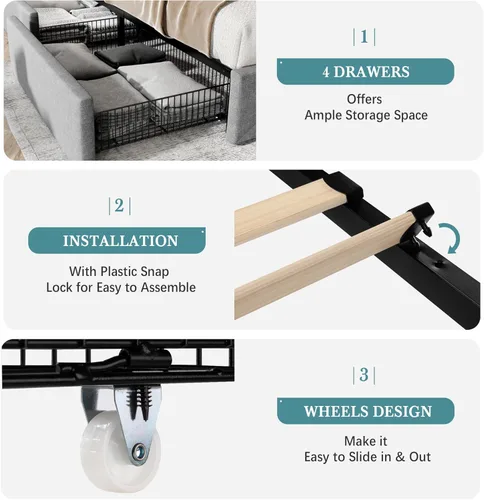 Miniatura 6 de HOOMIC Base de cama de almacenamiento de plataforma de tamaño matrimonial con 4 cajones y cabecera ajustable, listones de madera, no necesita Gris