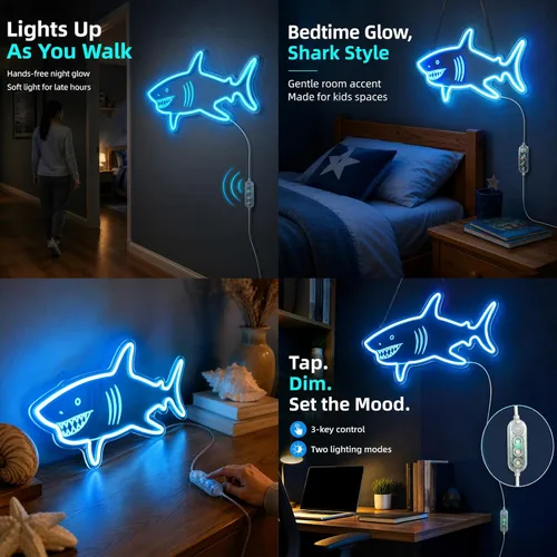 Miniatura 5 de Letrero de neón de tiburón con sensor de movimiento, letrero de neón LED azul hielo con 3 modos regulables, tablero acrílico decoración de tiburón