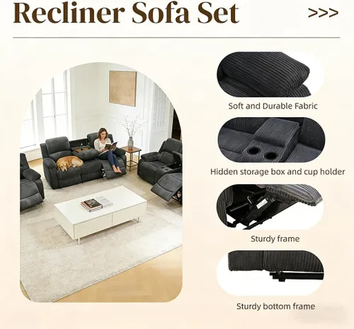 Miniatura 5 de Juego de sofá reclinable manual, juego de sofá reclinable de pana, juego moderno de muebles para sala de estar, sofá reclinable con silla para sala