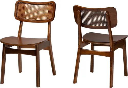 Baxton Studio Tafari Mid-Century - Juego de sillas de comedor de 2 piezas con acabado marrón nogal y ratán Marrón nogal/marrón claro
