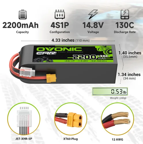 Miniatura 2 de OVONIC 4S LiPo Batería 2200mAh 14.8V 130C RC Batería con XT60 Conector