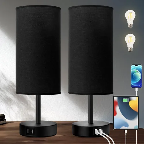 Miniatura 10 de Yarra-Decor Lámparas de noche con puerto USB, lámpara de mesa con control táctil para dormitorio, de madera, de 3 vías, regulable, juego de 2