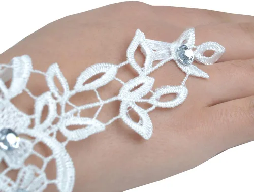 Miniatura 6 de JISEN Guantes de encaje de boda para mujer, regalo formal para banquete, fiesta, sin dedos, Blanco