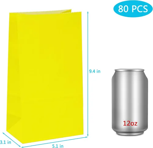 Miniatura 2 de 80 bolsas de regalo de fiesta, pequeñas bolsas de almuerzo de papel amarillo para bodas y fiestas de cumpleaños de niños, 5.1 x 3.1 x 9.4 pulgadas