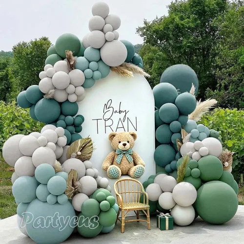 Kit de arco de globos de color azul polvoriento, guirnalda de globos de látex de doble relleno, verde salvia, blanco mate, globos de látex para baby