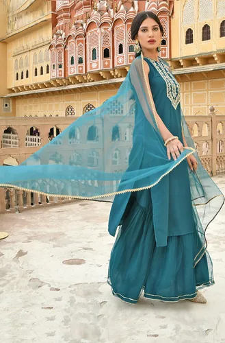 Miniatura 5 de Janasya Indian - Kurta bordada de seda de poliéster verde azulado para mujer con Sharara y Dupatta