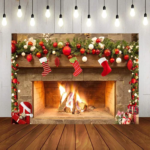 Mocsicka Telón de fondo temático de chimenea navideña para fotografía, árbol de Navidad, calcetín, regalo, decoraciones para fiestas familiares,
