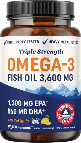Aceite de pescado DHA Omega 3 de triple fuerza 3600 mg | Más de 2100 mg de ácidos grasos omega-3 con 860 mg de DHA | 1300 mg EPA | Los mejores