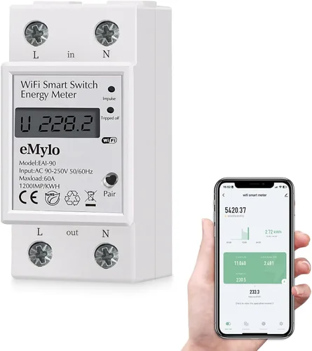 Miniatura 8 de eMylo - Medidor de vatios inteligente monofásico AC 63A 80-400V, medidor de energía WiFi Tuya Control remoto, interruptor de circuito y protección