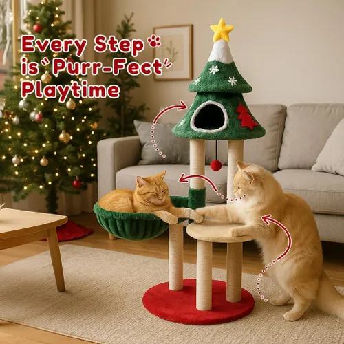 Miniatura 4 de LUCKLIFE Árbol de Navidad para gatos de 48 pulgadas con 2 casas acogedoras, torre moderna para gatos con kit antipuntas, perchas de felpa y bolas
