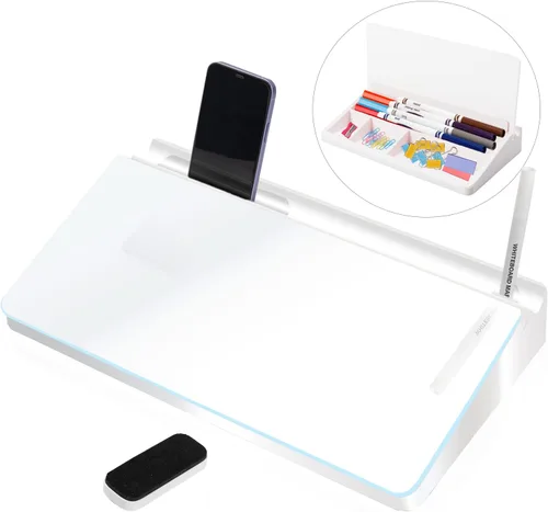 Pizarra blanca de cristal de borrado en seco, soporte para teclado de computadora, organizador de pizarra blanca con accesorios, 2 marcadores, 1