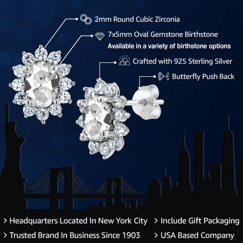 Miniatura 254 de Gem Stone King Aretes ovalados de plata de ley 925 de 0.276 x 0.197 in con piedra natal de la princesa Diana, estilo halo real para mujeres