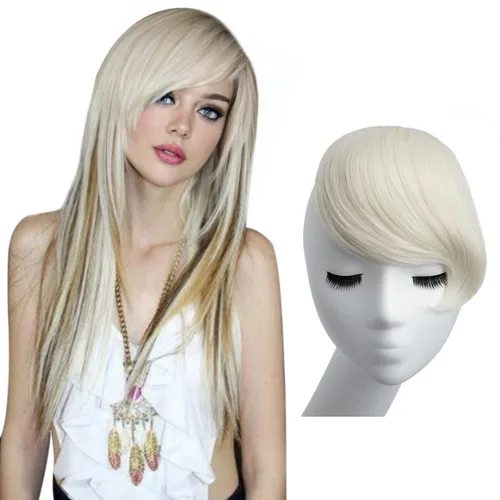 Miniatura 17 de SARLA Flequillo lateral negro marrón con clip en piezas de cabello sintético, extensión de flequillo recto para mujeres