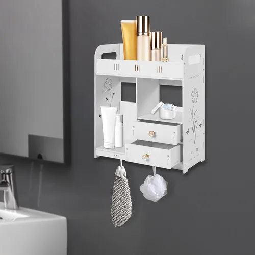 Miniatura 4 de Botiquín de baño, armario de baño montado en la pared con 2 puertas, 3 estantes abiertos, fuerte adhesivo sin clavos, gabinete de almacenamiento