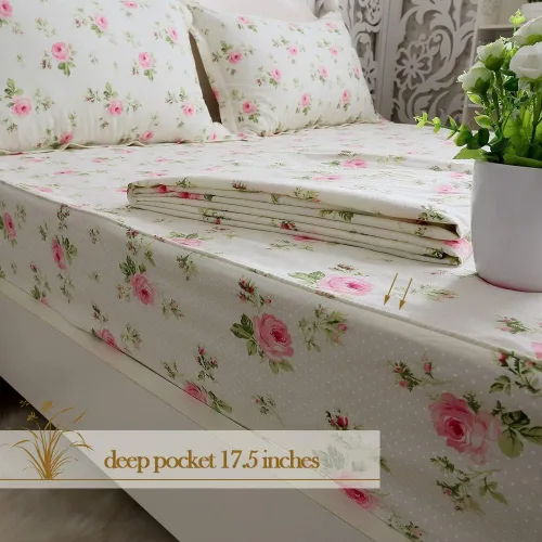 Miniatura 4 de FADFAY Juego de sábanas de cama con estampado floral amarillo, de algodón, tamaño King, suaves, transpirables, estilo Shabby Coquette, con bolsillo