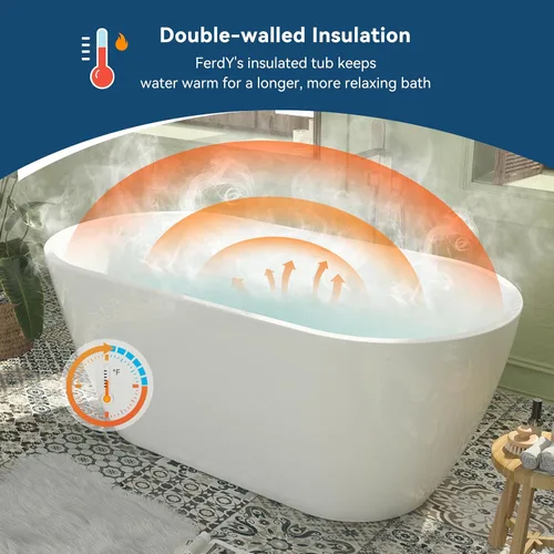 Miniatura 2 de FerdY 59" Bañera de acrílico independiente Bali Elite, bañera independiente de inmersión con forma elegante, certificada cUPC, desagüe negro Toe-Tap