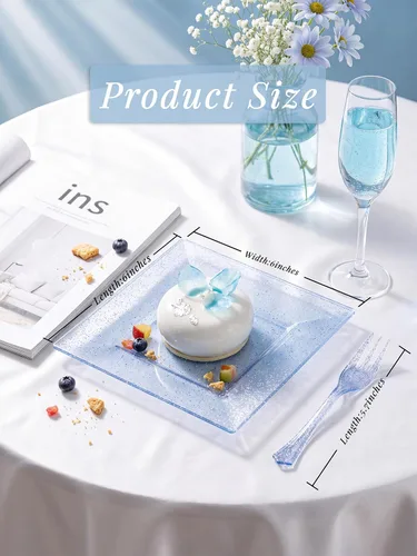 Miniatura 2 de DaYammi 100 platos de postre con purpurina azul, que incluyen 50 platos de aperitivo de 6 pulgadas y 50 tenedores de plástico de 5.7 pulgadas, plato