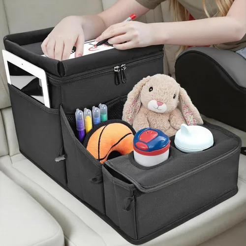 Organizador de automóvil para niños, organizador de asiento trasero para niños y organizador de asiento de pasajero para adultos, enfriador y Negro