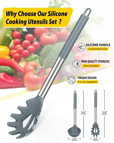 Miniatura 2 de Juego de tenedor y cucharón de silicona para pasta, utensilios de cocina grandes antiadherentes para cocinar, agitar, servir espaguetis, sopa, salsa