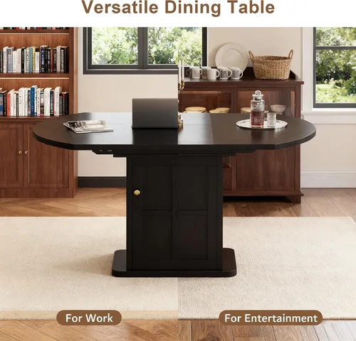 Miniatura 7 de iPormis Mesa de Comedor Redonda Extensible para 4-6, Mesa de Cocina Moderna de 59'', con Estante de Almacenamiento de 2 Niveles, Puerta de Madera