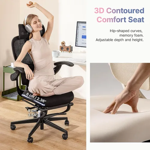Miniatura 8 de HINOMI Q2 Silla de oficina ergonómica con soporte lumbar y reposacabezas ajustable, asiento de cojín con brazos abatibles, asiento reclinable